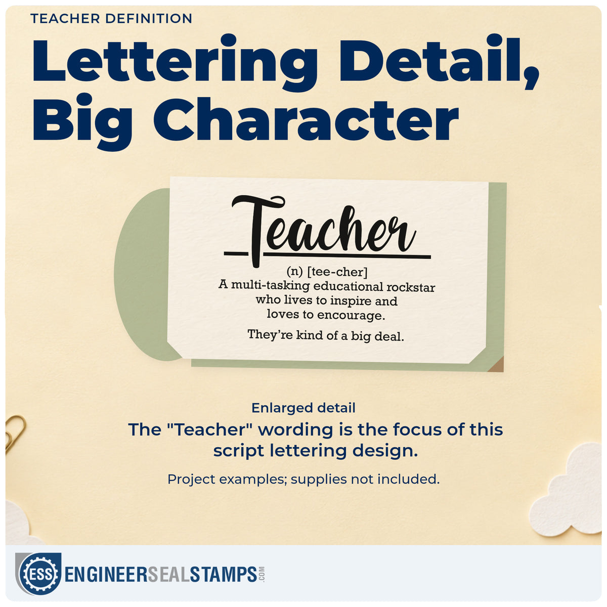 Enlarged detail of the Teacher Definition PSI Pre-Inked Stamp imprint. Large underlined "Teacher" script appears above a playful definition describing a multitasking educational rockstar.