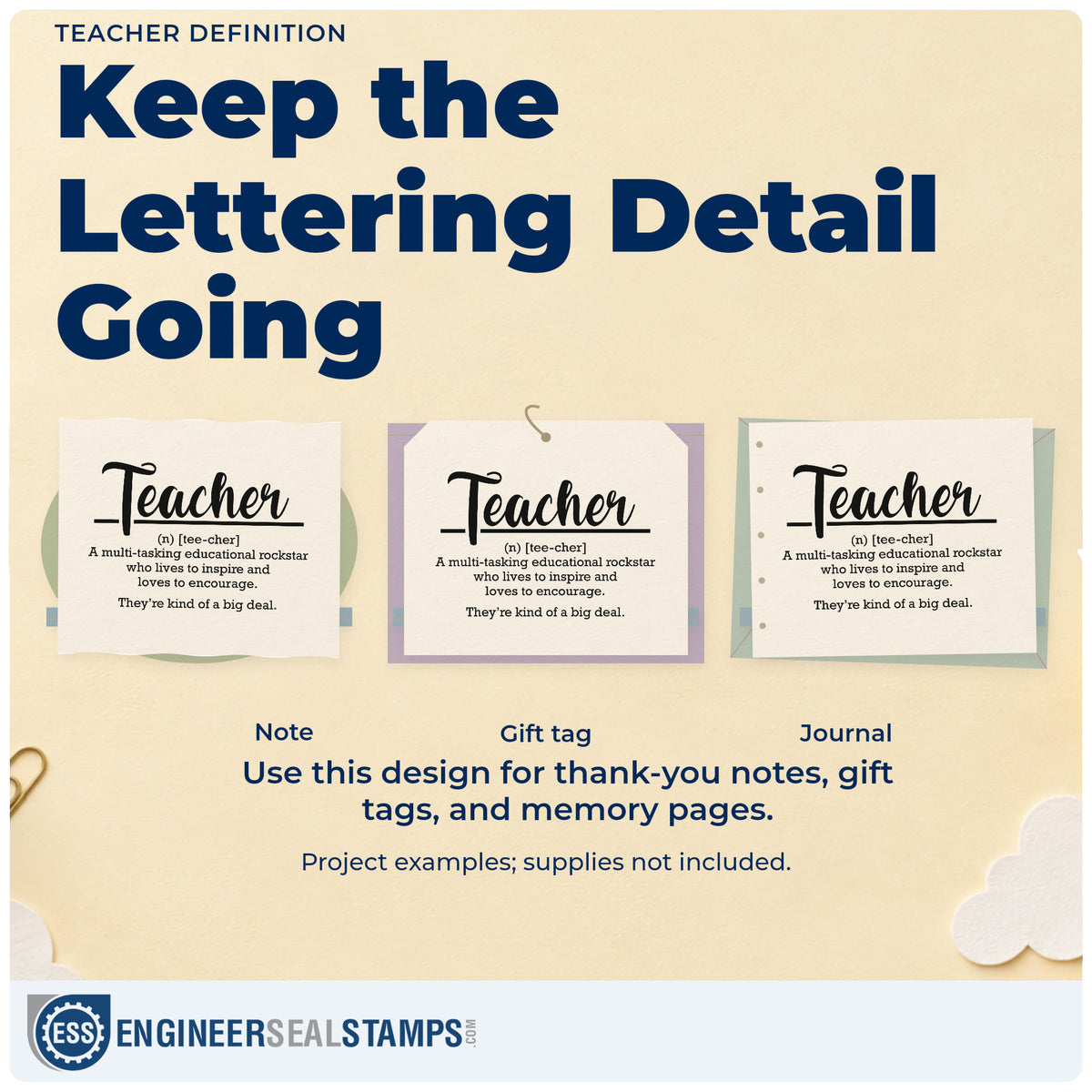 Three project examples made with the Teacher Definition PSI Pre-Inked Stamp, including spice jar labels.