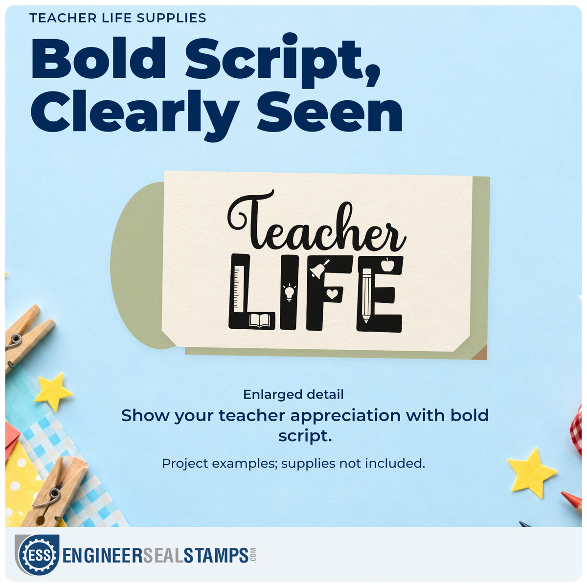 Enlarged detail of the Teacher Life Supplies Script Lettering Pre-Inked Stamp – PSI imprint. School-supply symbols fill bold "Life" lettering beneath "Teacher" script.