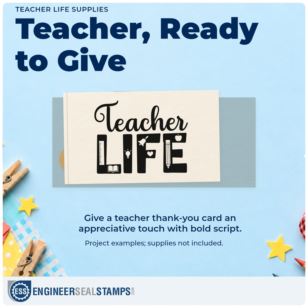 A finished handmade project stamped with the Teacher Life Supplies Script Lettering Rubber Stamp – Duo Hand, ideal for merch swing tags.