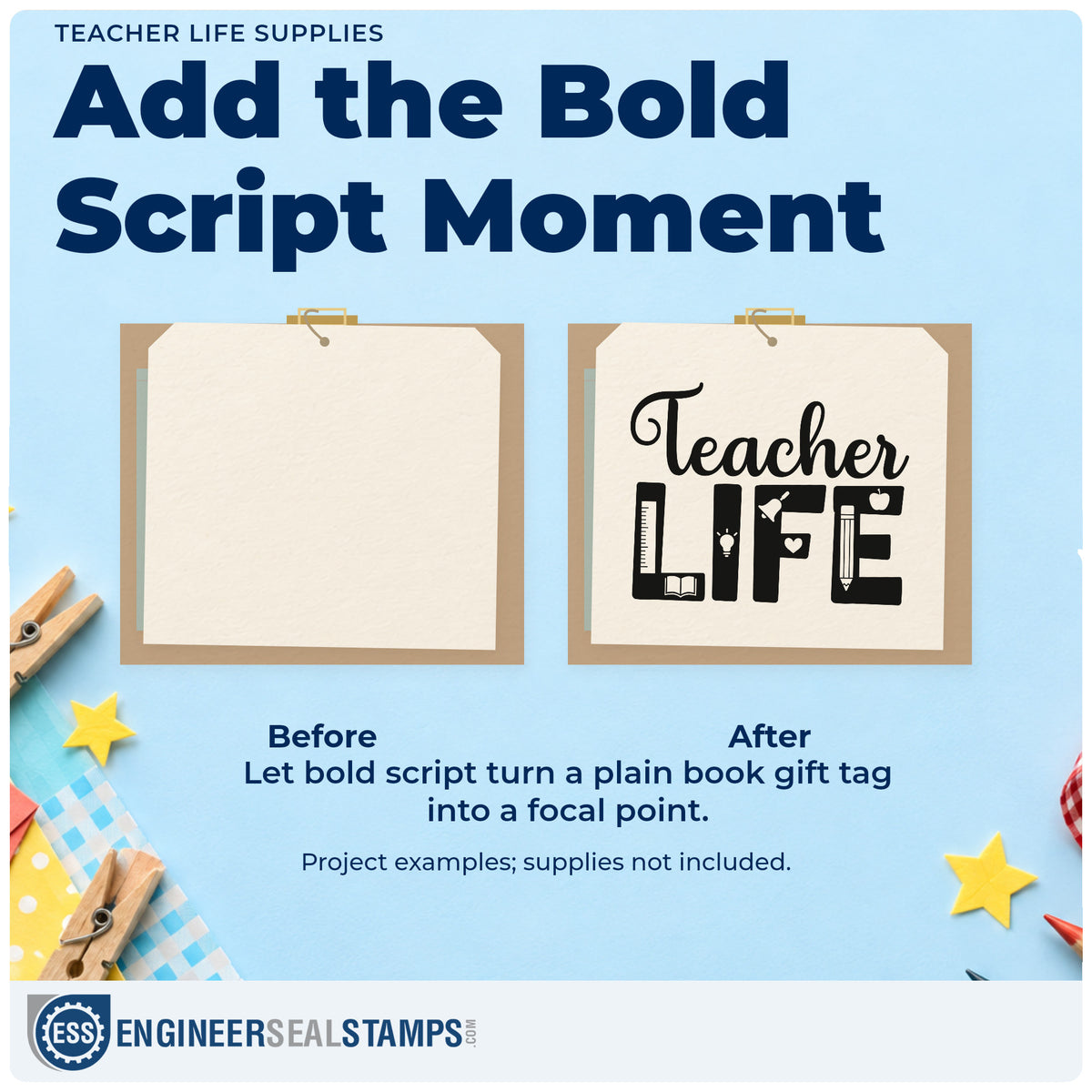 Before and after of a plain item finished with the Teacher Life Supplies Script Lettering Pre-Inked Stamp – PSI, a quick upgrade for order insert seals.