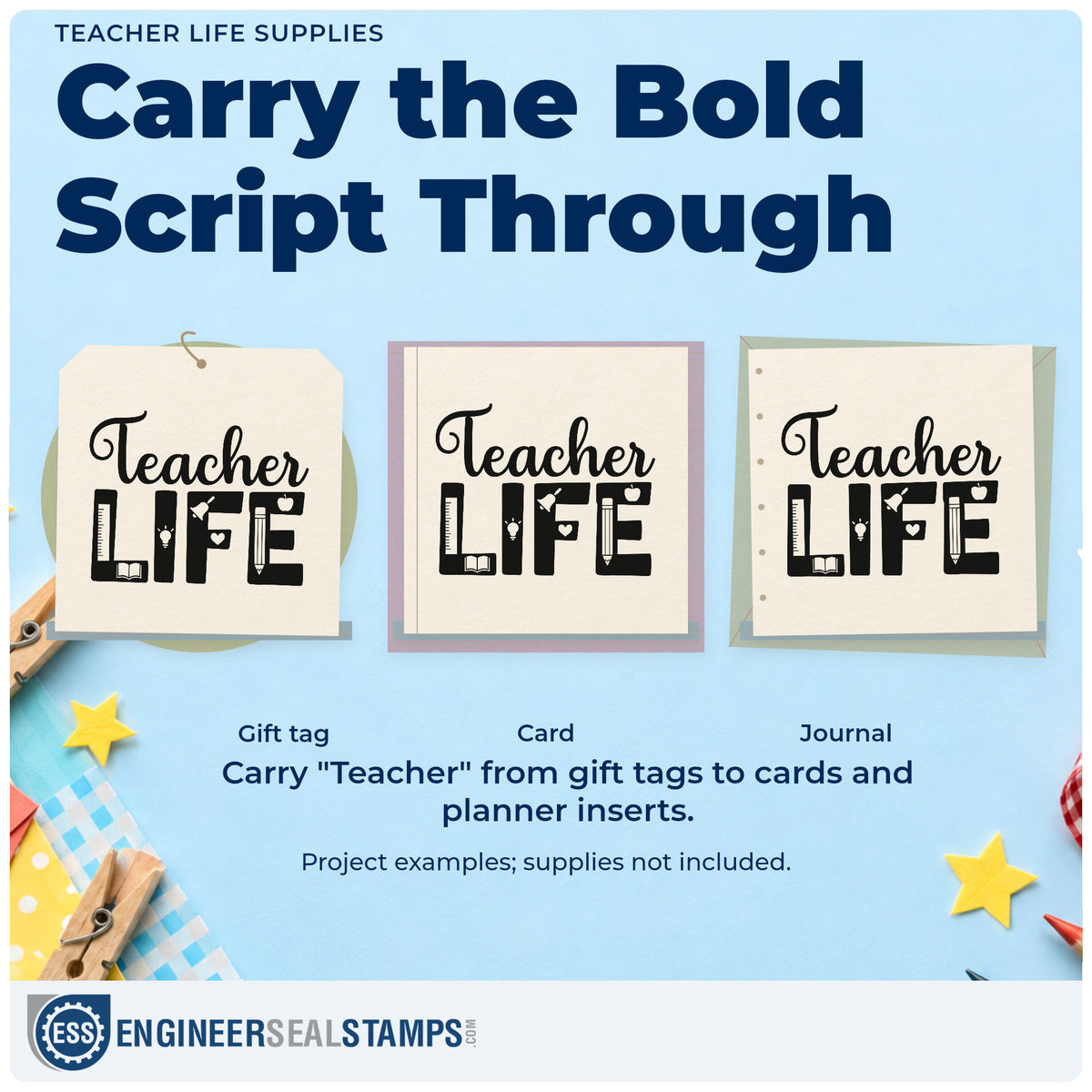 Three project examples made with the Teacher Life Supplies Script Lettering Slim Pre-Inked Stamp, including tumbler wrap labels.