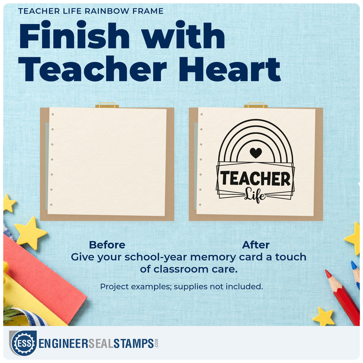 Before and after of a plain item finished with the Teacher Life Rainbow Frame Rubber Stamp – Wood Handle, a quick upgrade for window cling seals.