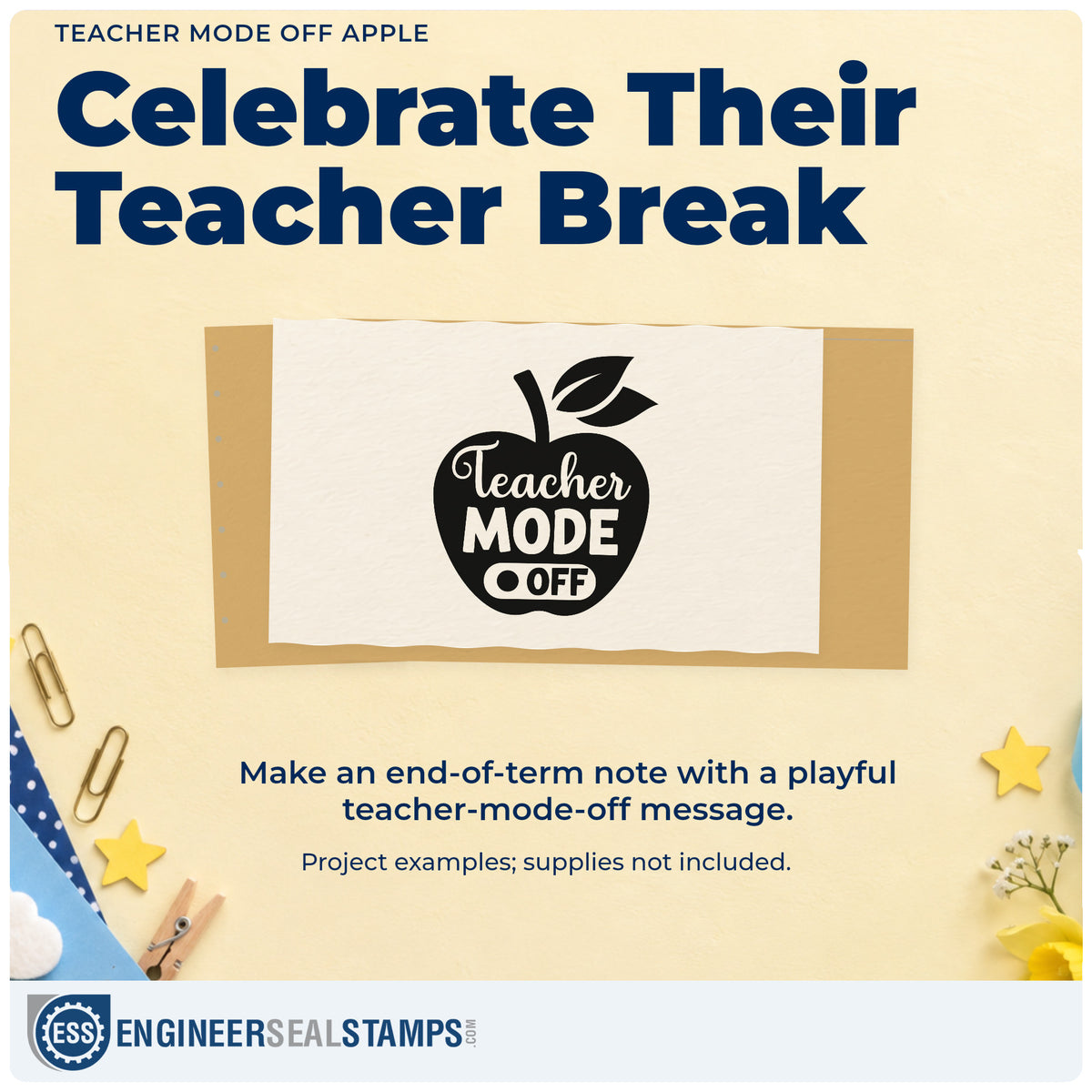 A finished handmade project stamped with the Teacher Mode Off Apple Stamp – Self-Inking, ideal for weekend plan tags.
