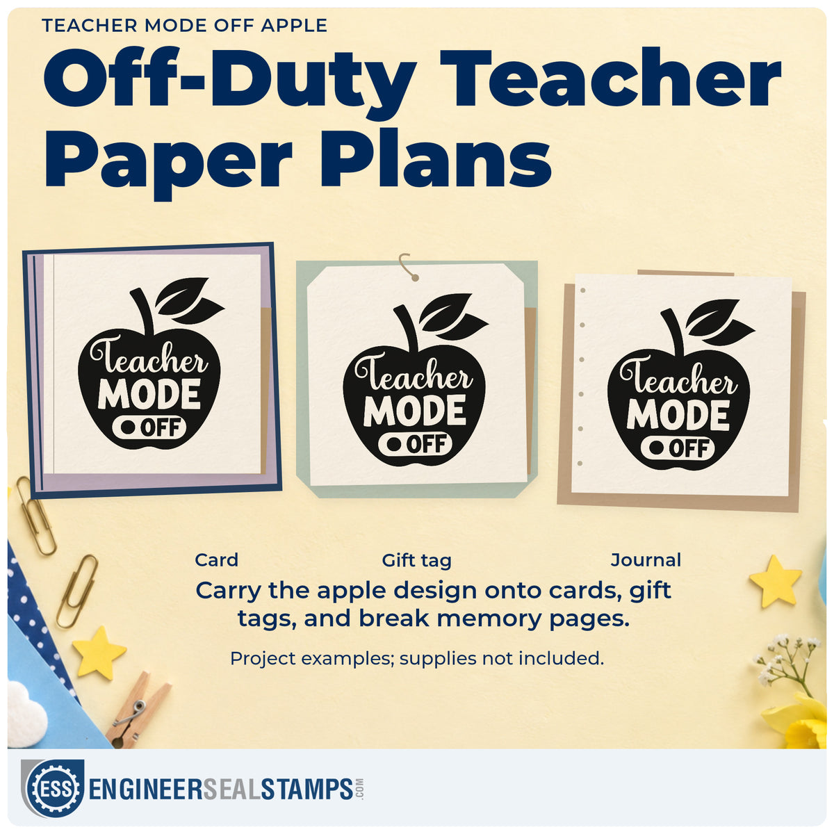 Three project examples made with the Teacher Mode Off Apple Stamp – Wood Handle, including light plate labels.