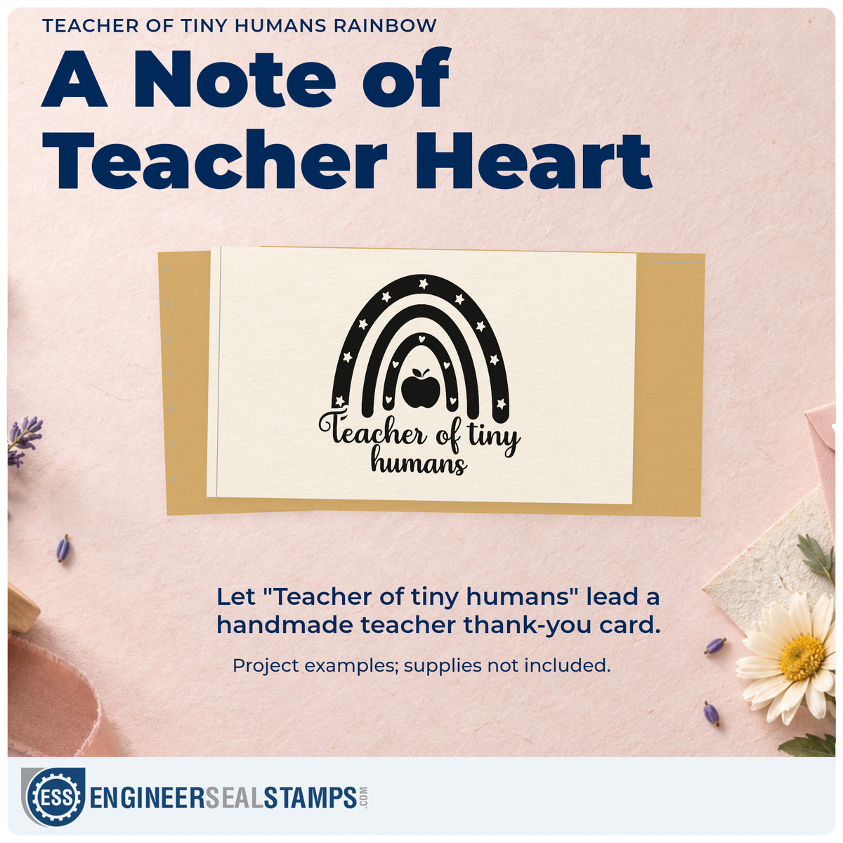 A finished handmade project stamped with the PSI Pre-Inked Teacher Of Tiny Humans Rainbow Stamp, ideal for nap chart tags.