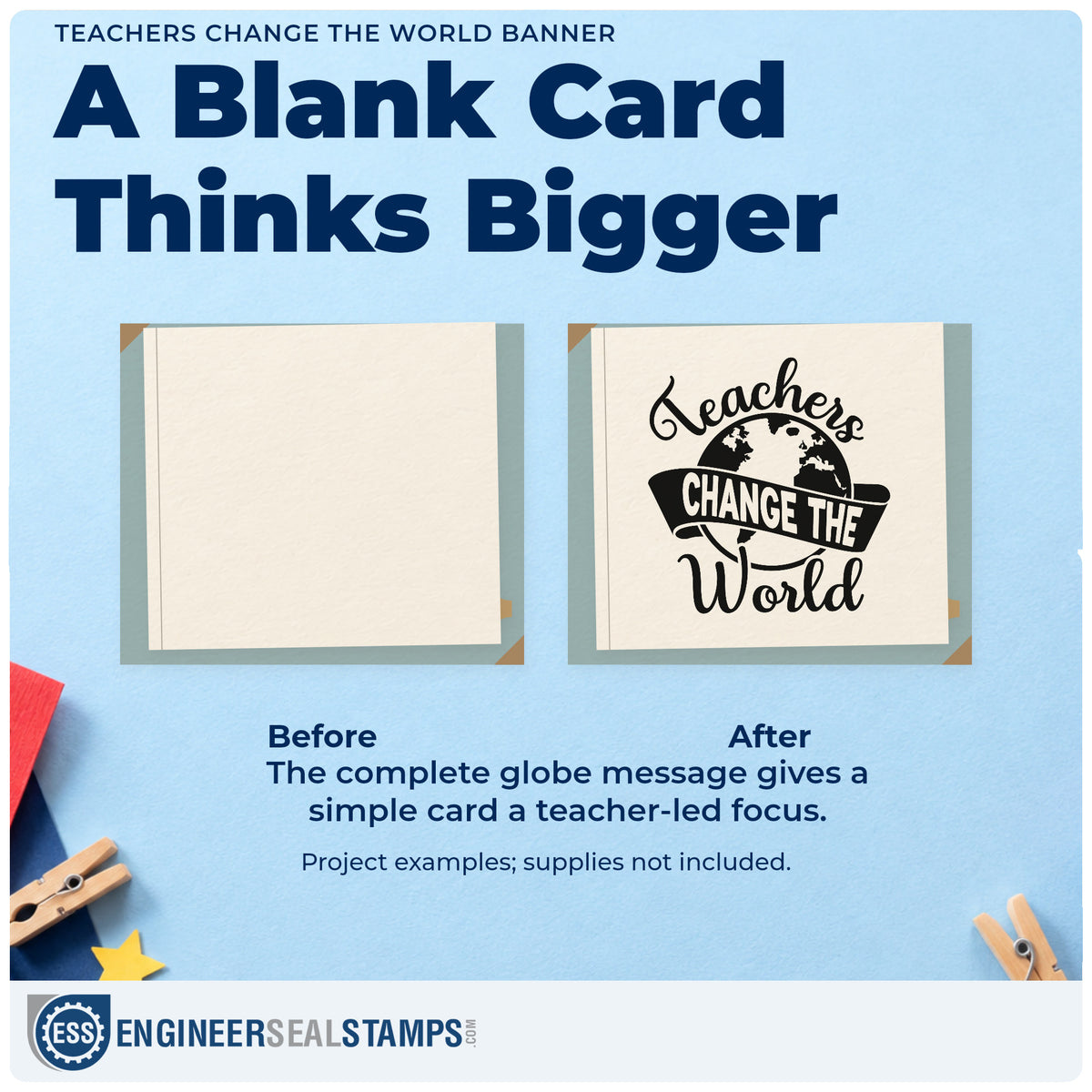 Before and after of a plain item finished with the Slim Pre-Inked Teachers Change The World Stamp, a quick upgrade for airmail seals.