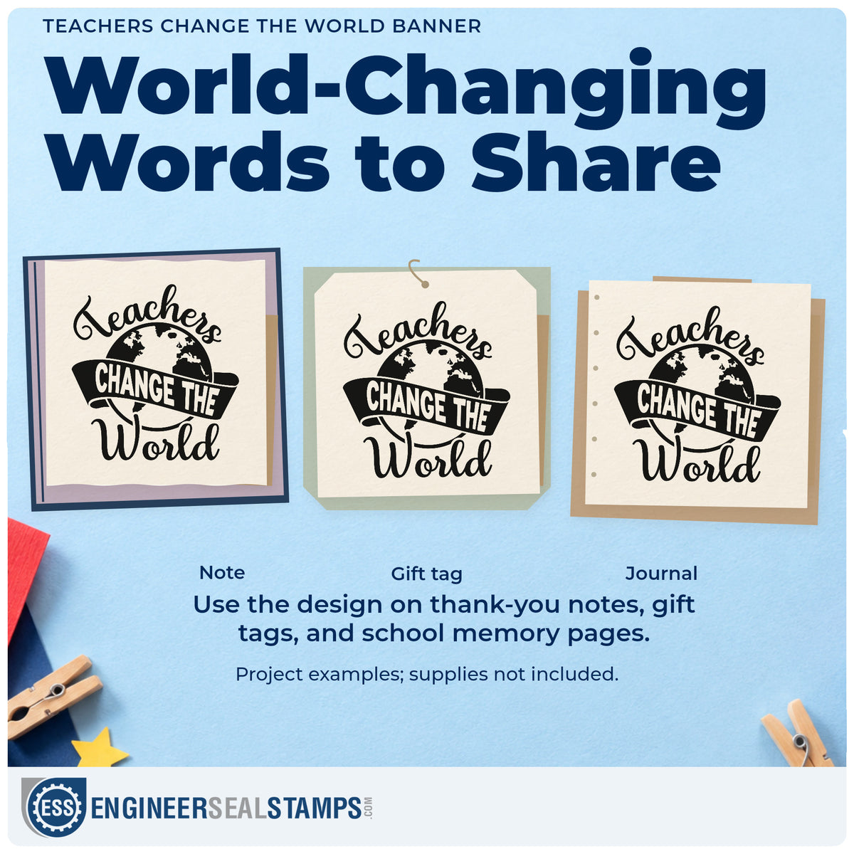 Three project examples made with the Teachers Change The World Self-Inking Craft Stamp, including passport case labels.