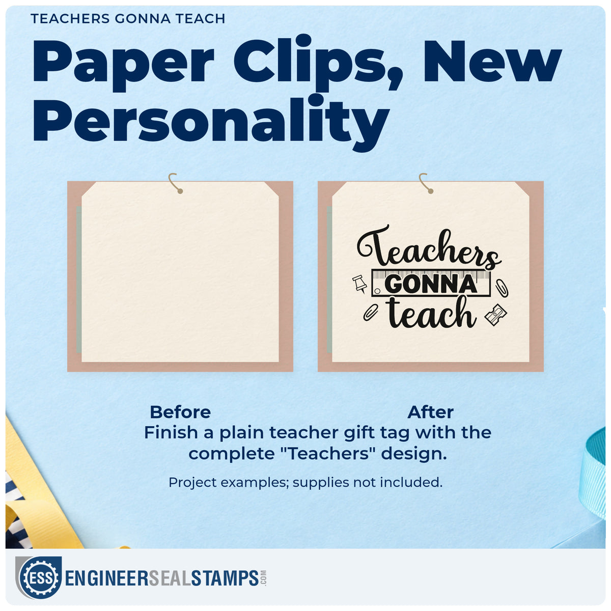 Before and after of a plain item finished with the Teachers Gonna Teach Stamp – Self-Inking, a quick upgrade for paperwork seals.