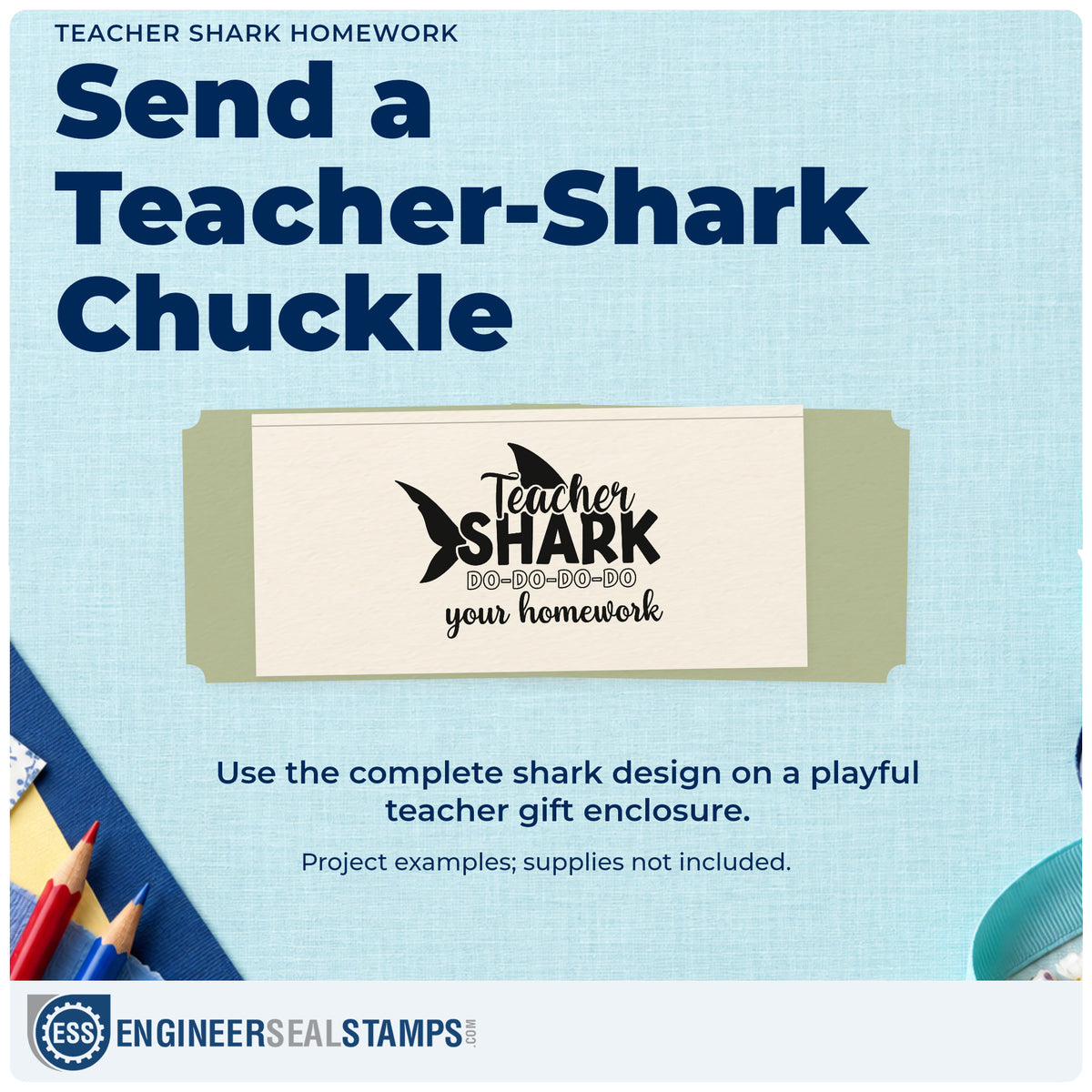 A finished handmade project stamped with the Duo Hand Teacher Shark Homework Repeat Typography Rubber Stamp, ideal for song time tags.