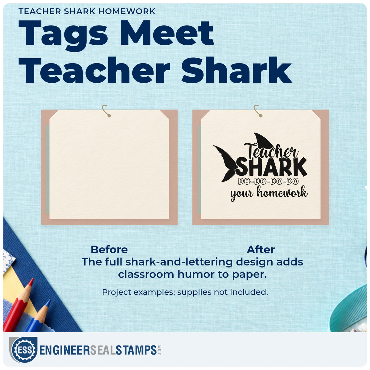 Before and after of a plain item finished with the Teacher Shark Homework Repeat Typography Self-Inking Stamp, a quick upgrade for ocean unit seals.