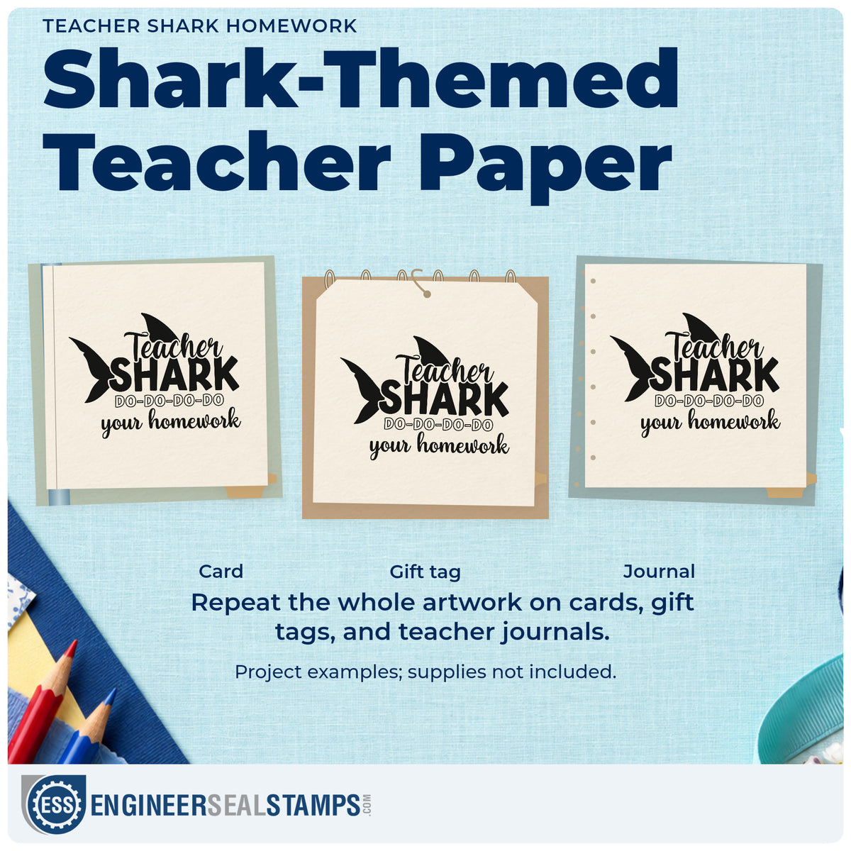 Three project examples made with the Teacher Shark Homework Repeat Typography Self-Inking Stamp, including lunchbox note labels.