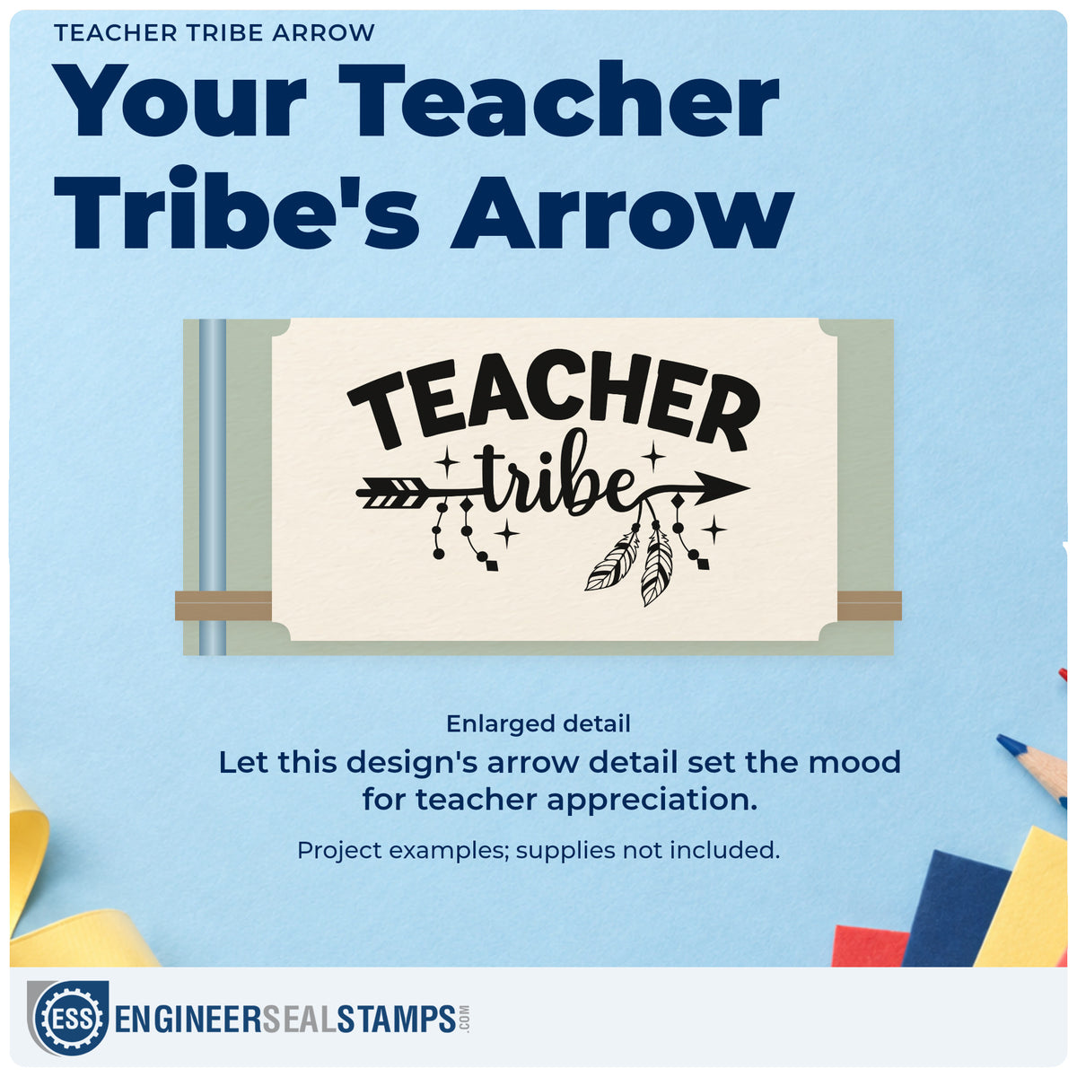 Enlarged detail of the Teacher Tribe Arrow Stamp – Self-Inking imprint. A decorated arrow with hanging feathers crosses beneath "Teacher tribe," with sparkle accents.