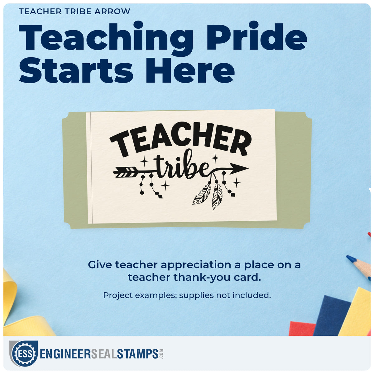 A finished handmade project stamped with the Teacher Tribe Arrow PSI Pre-Inked Stamp, ideal for team retreat tags.