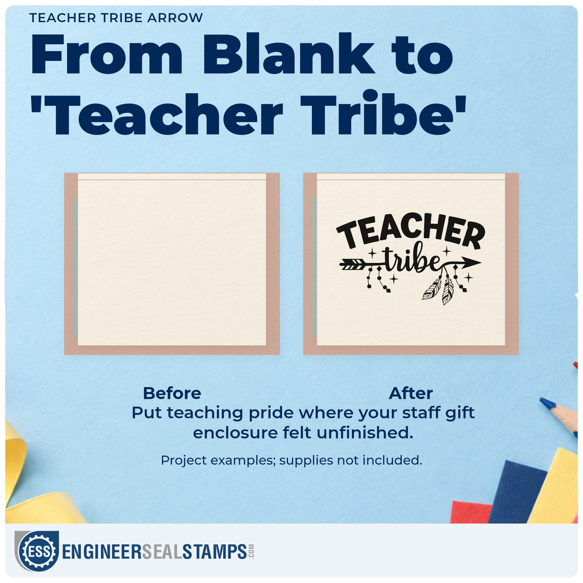Before and after of a plain item finished with the Teacher Tribe Arrow Stamp – Slim Pre-Inked, a quick upgrade for friendship pin seals.