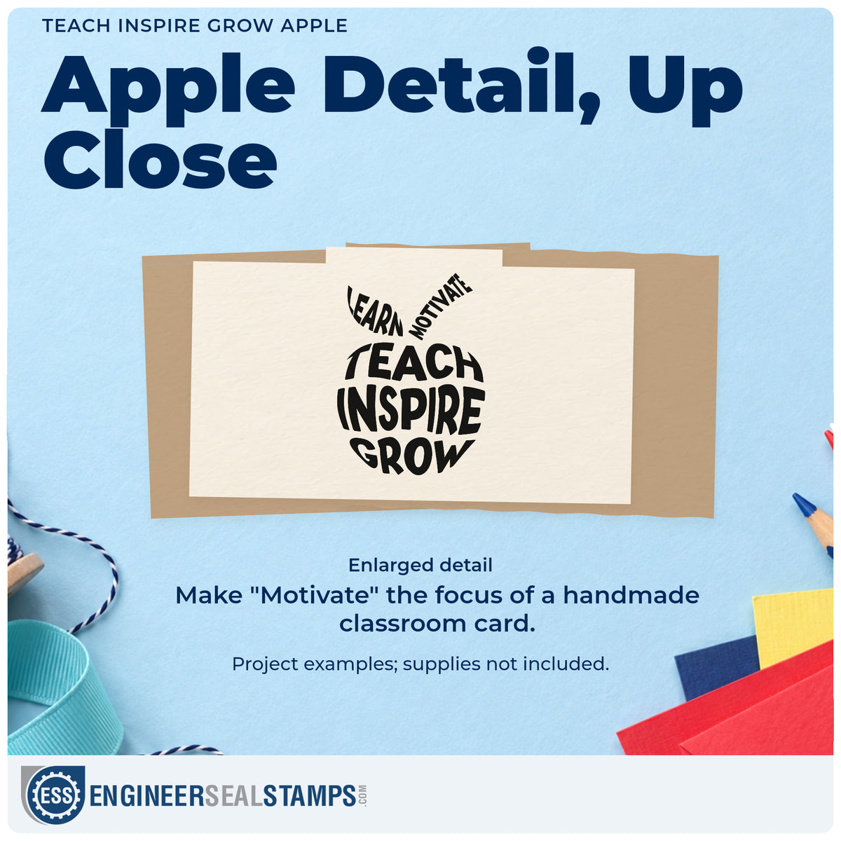 Enlarged detail of the Teach Inspire Grow Apple Lettering Self-Inking Stamp imprint. The words "Learn," "Motivate," "Teach," "Inspire," and "Grow" form an apple shape.