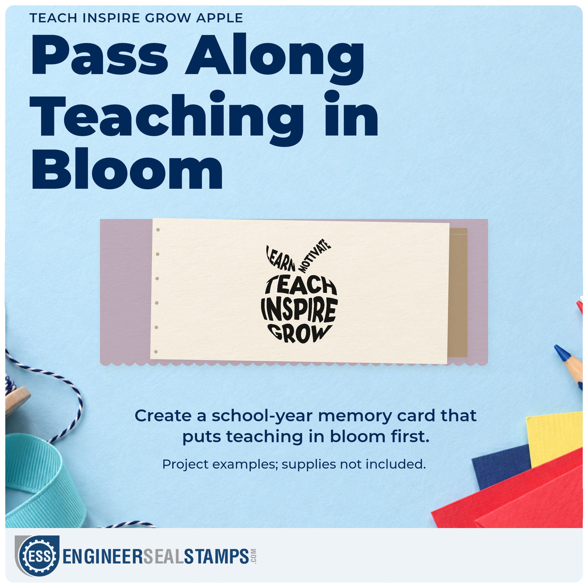 A finished handmade project stamped with the Teach Inspire Grow Apple Lettering PSI Pre-Inked Stamp, ideal for verb wall tags.