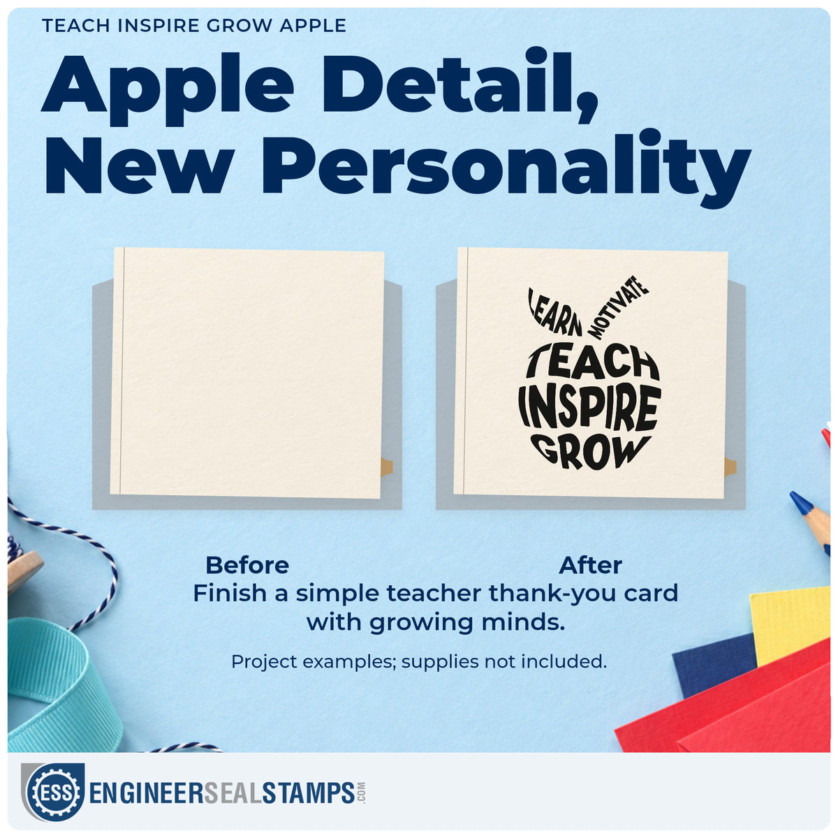 Before and after of a plain item finished with the Teach Inspire Grow Apple Lettering Self-Inking Stamp, a quick upgrade for poster corner seals.