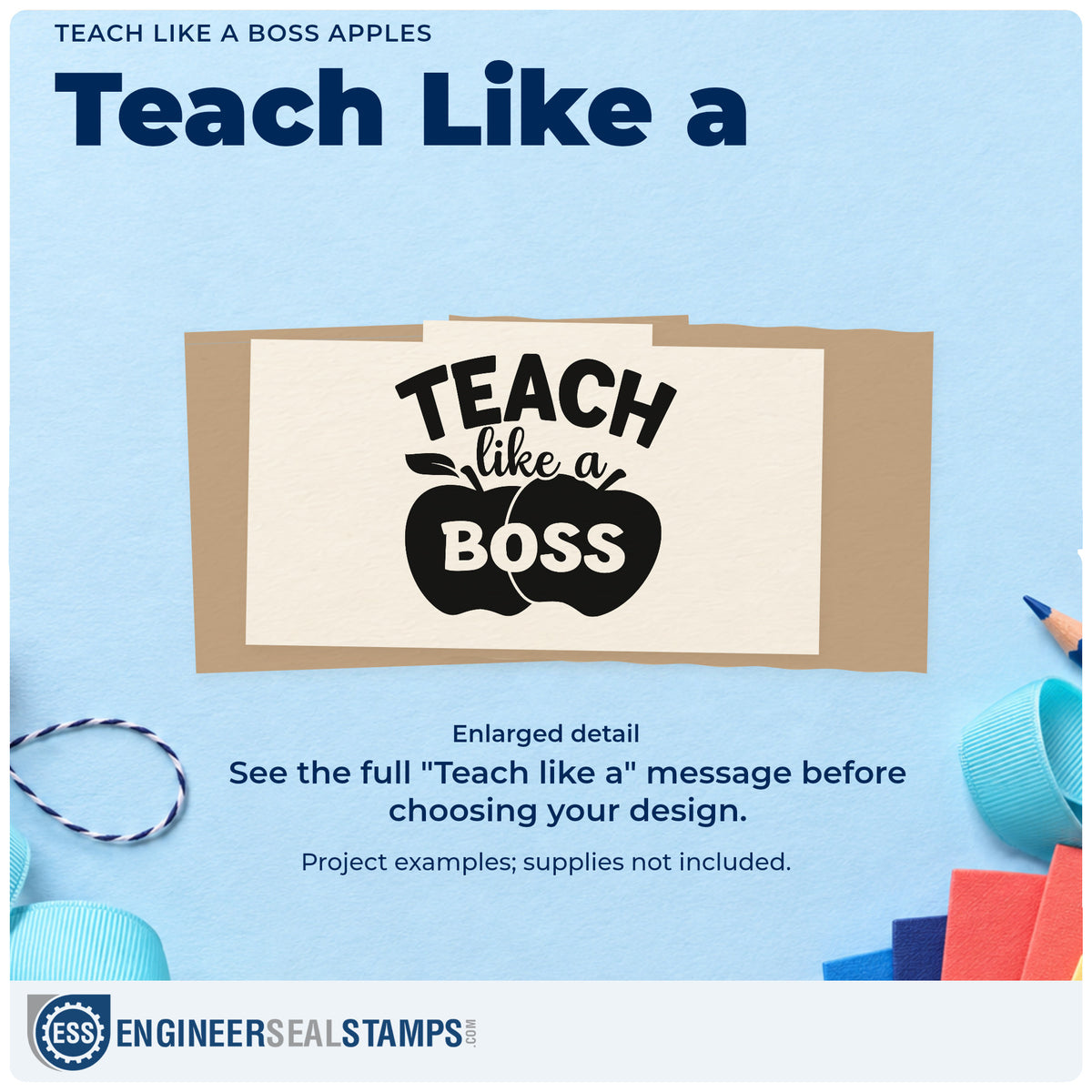 Enlarged detail of the Teach Like A Boss Apples Wood Handle Stamp imprint. Two solid apples contain "Boss" beneath "Teach like a."