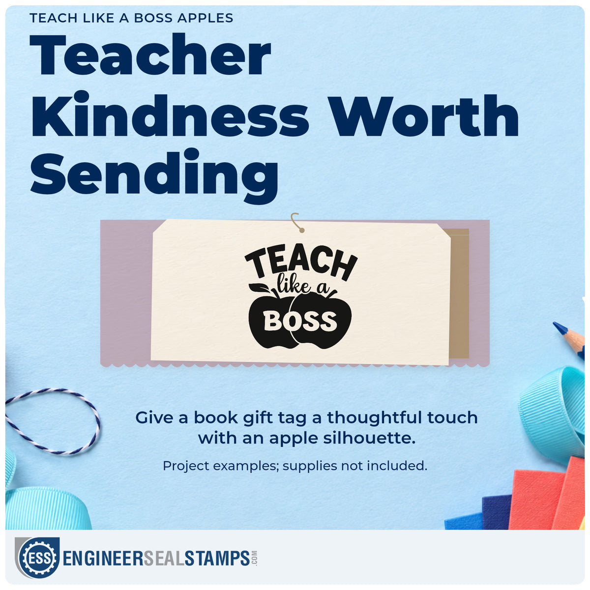 A finished handmade project stamped with the Teach Like A Boss Apples Duo Hand Stamp, ideal for promotion gift tags.