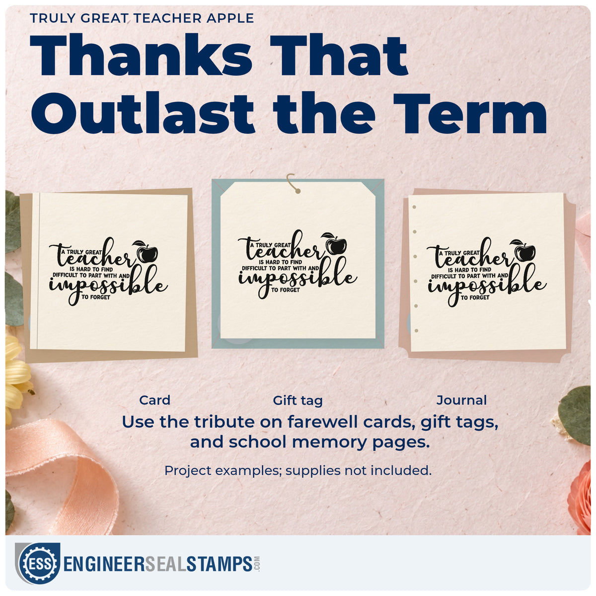 Three project examples made with the Great Teacher Impossible To Forget Apple Rubber Stamp – Duo Hand, including keepsake tin labels.