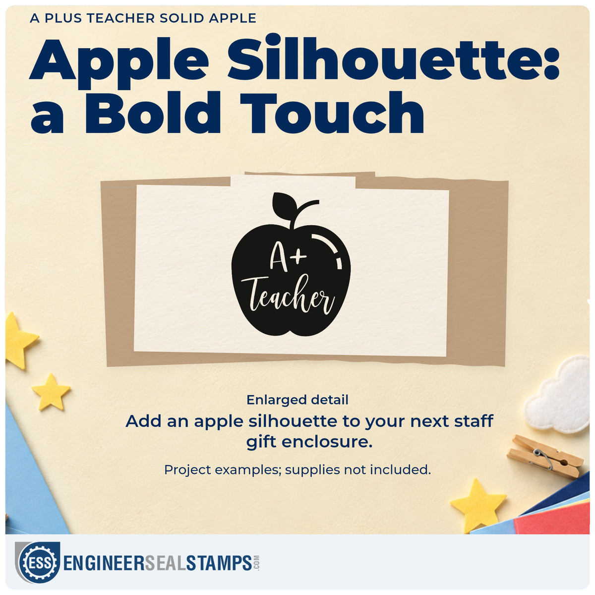 Enlarged detail of the A Plus Teacher Solid Apple Wood-Mounted Rubber Stamp imprint. Negative-space A+ and "Teacher" script sit inside a solid apple.