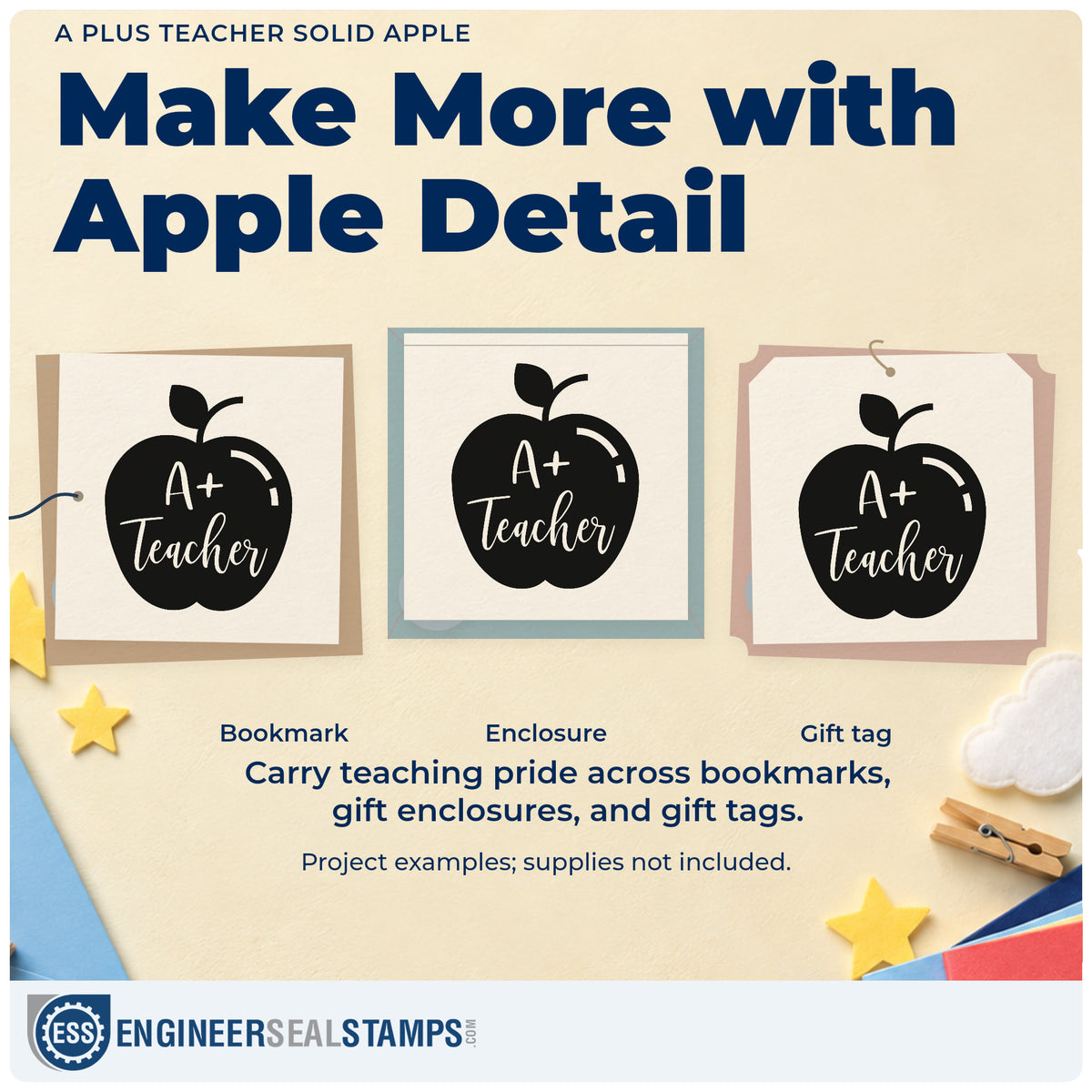 Three project examples made with the A Plus Teacher Solid Apple PSI Pre-Inked Stamp, including revision box labels.