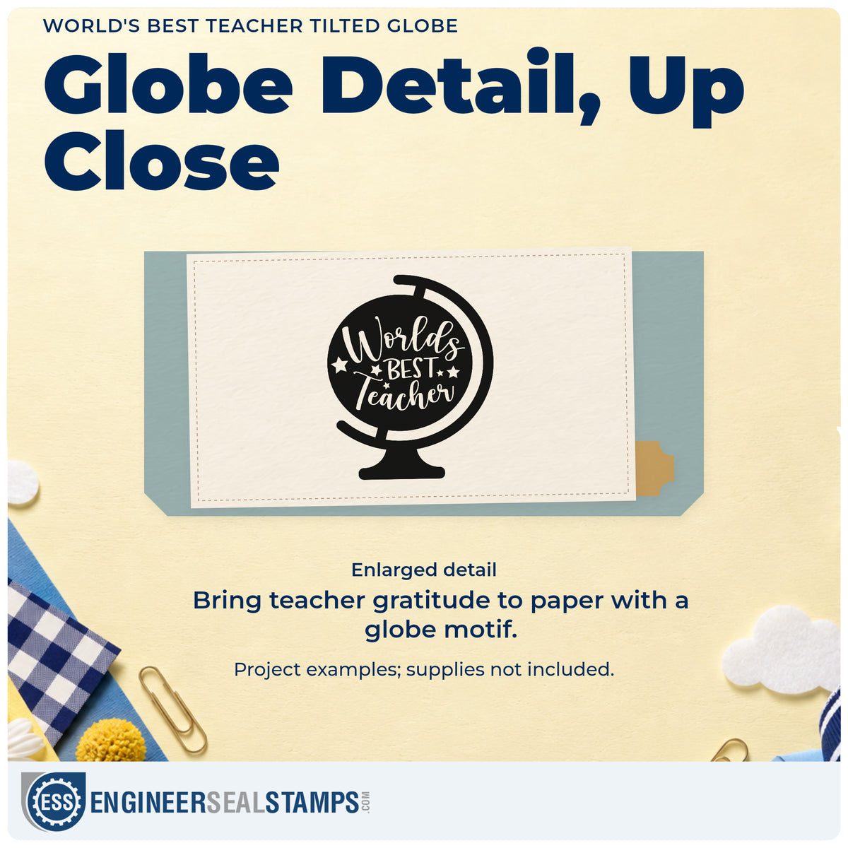 Enlarged detail of the World's Best Teacher Tilted Globe Stamp – Self-Inking imprint. A tilted globe on a stand contains "World's best teacher" script and star accents.
