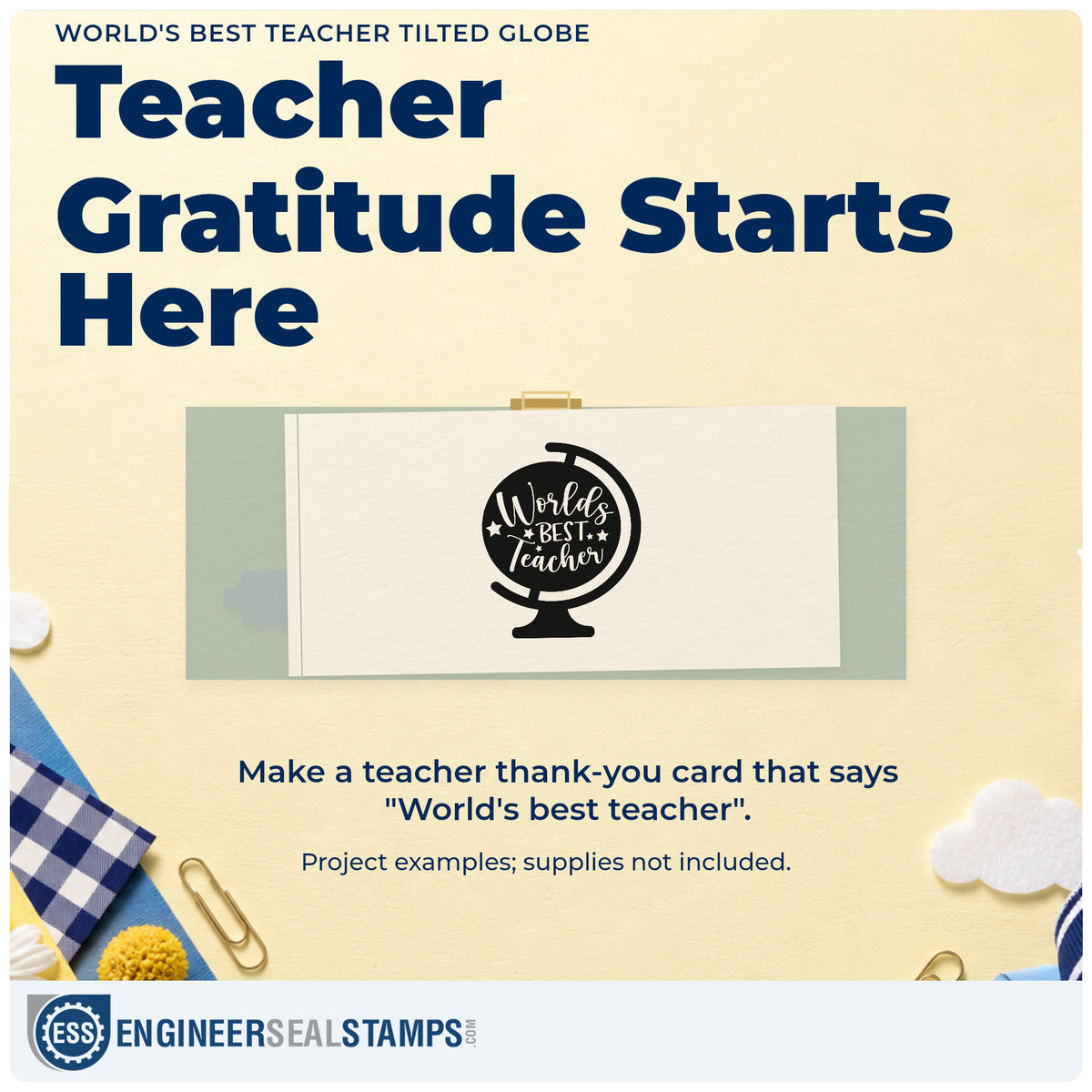 A finished handmade project stamped with the World's Best Teacher Tilted Globe Rubber Stamp – Duo Hand, ideal for star award tags.