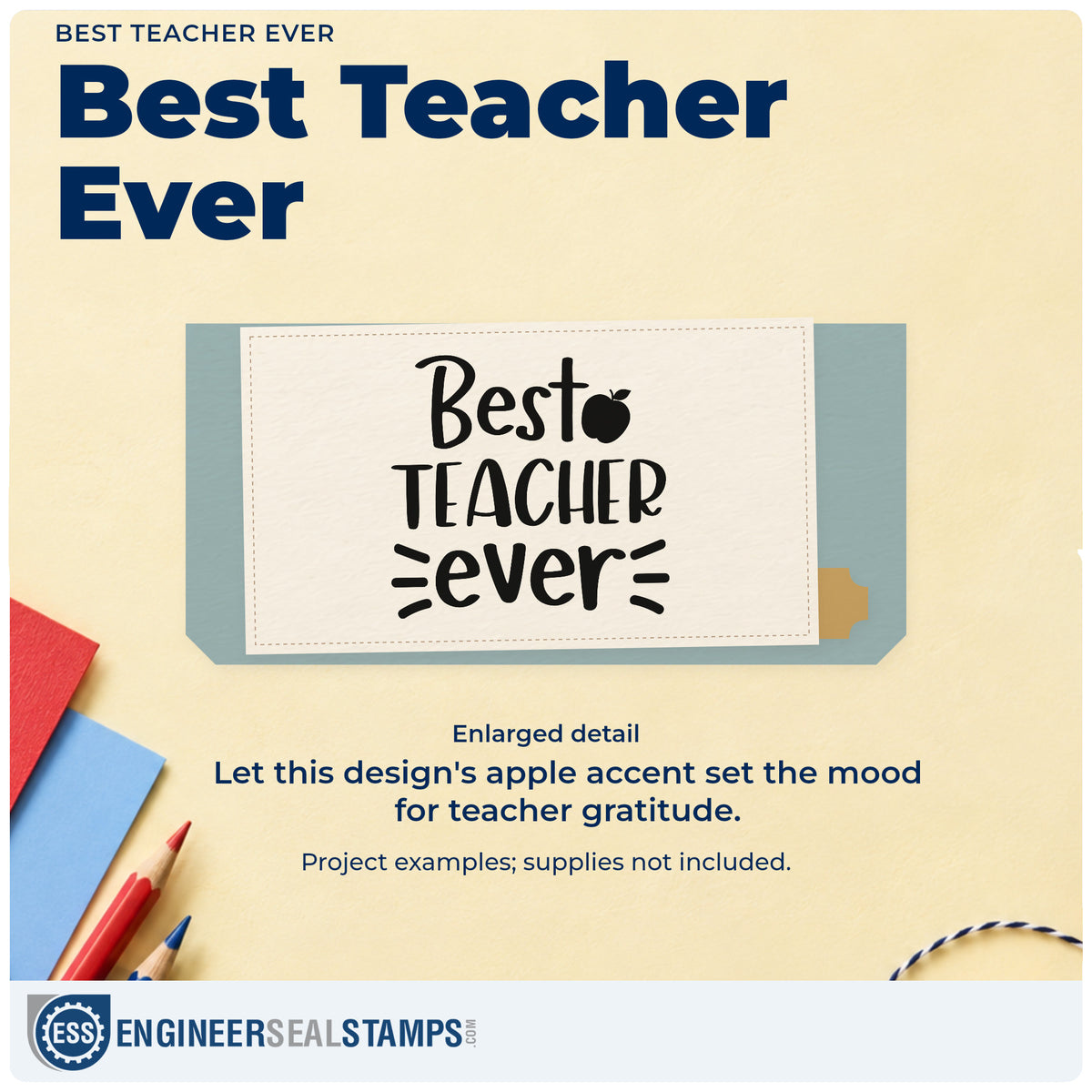 Enlarged detail of the Best Teacher Ever Apple Pre-Inked Stamp – Slim imprint. An apple and short radiating marks accent "Best teacher ever" in mixed lettering.