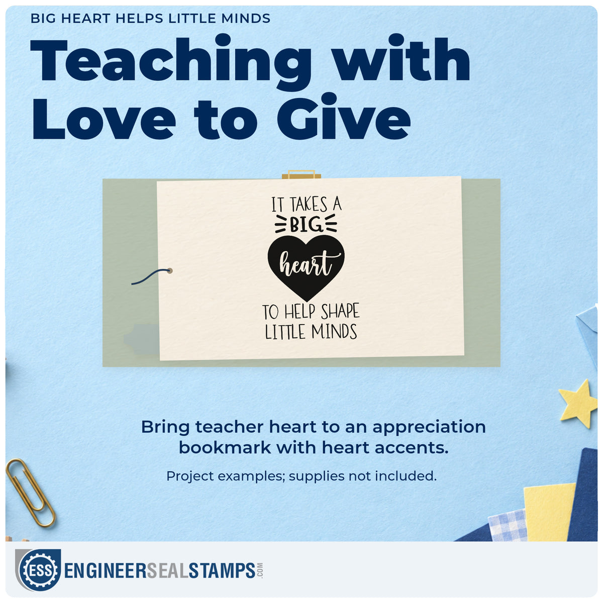 A finished handmade project stamped with the Big Heart Helps Little Minds PSI Pre-Inked Stamp, ideal for settling in tags.