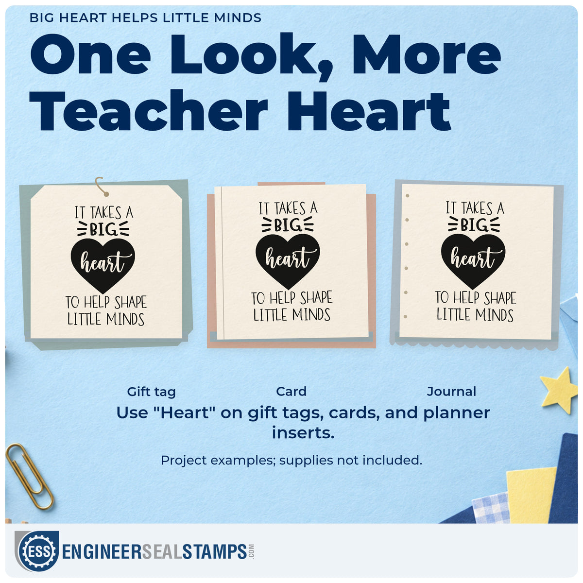 Three project examples made with the Big Heart Helps Little Minds PSI Pre-Inked Stamp, including milk bottle labels.