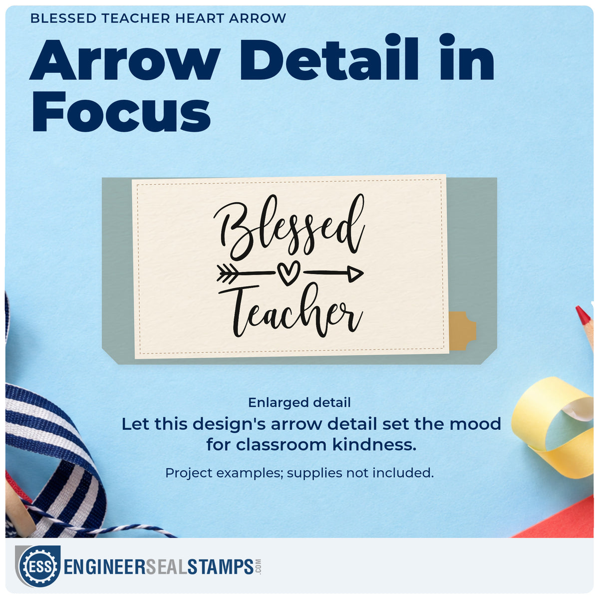 Enlarged detail of the Blessed Teacher Heart Arrow Script Lettering Rubber Stamp – Duo Hand imprint. A heart-centered horizontal arrow separates large "Blessed" and "Teacher" script.