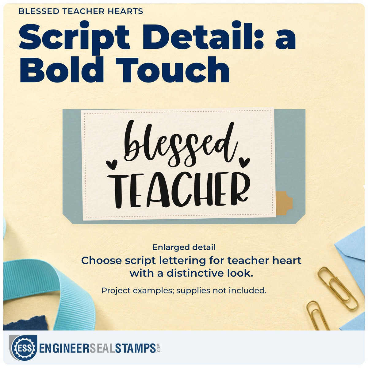 Enlarged detail of the Blessed Teacher Hearts Pre-Inked Stamp – Slim imprint. Two small hearts flank "Blessed" script above bold "Teacher."