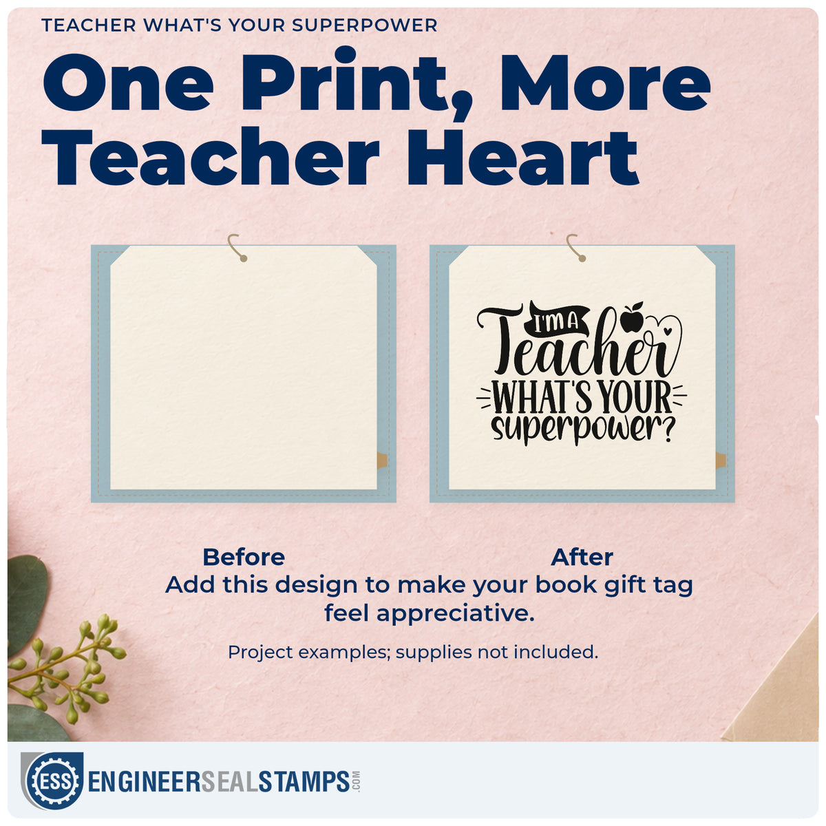 Before and after of a plain item finished with the Teacher What's Your Superpower Stamp – Wood Handle, a quick upgrade for prospectus seals.