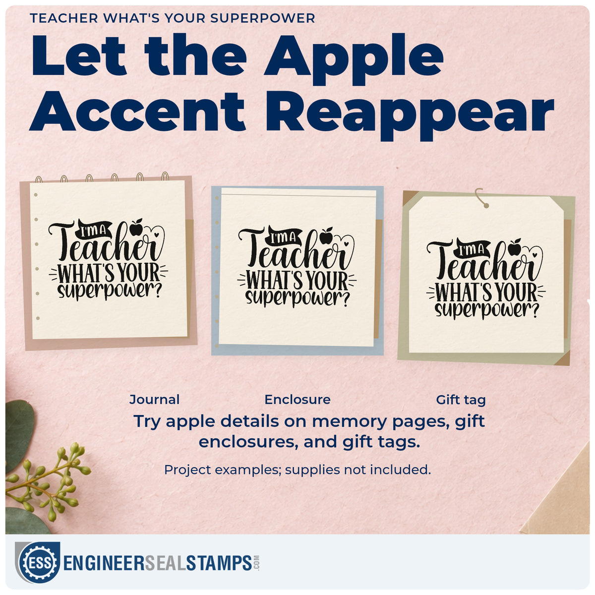 Three project examples made with the Teacher What's Your Superpower Rubber Stamp – Duo Hand, including job fair labels.