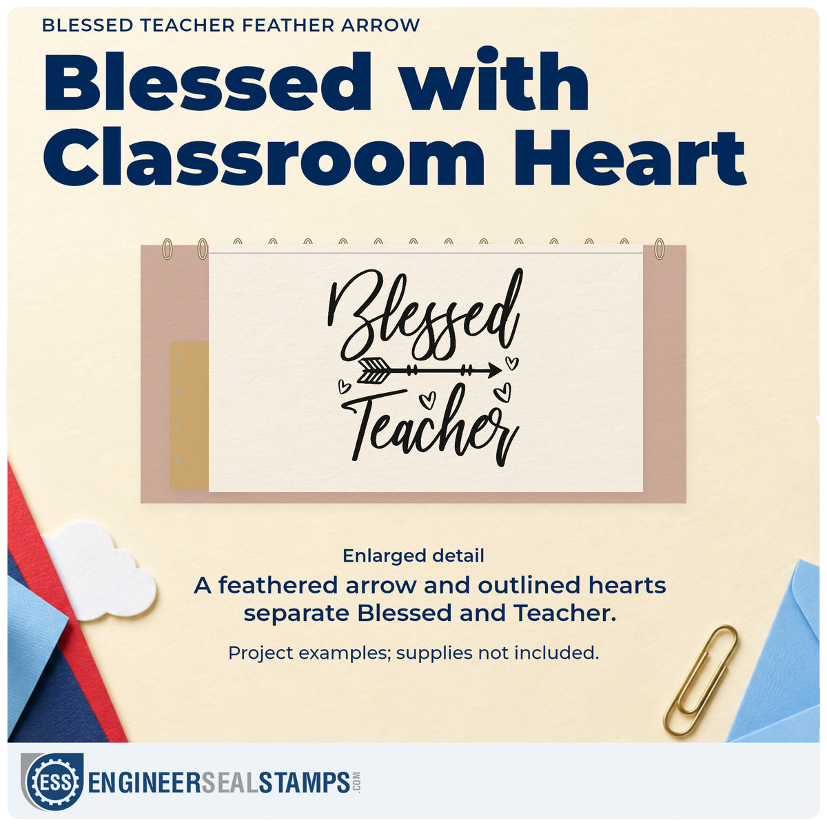 Enlarged detail of the Blessed Teacher Feather Arrow Rubber Stamp – Wood Handle imprint. A feathered arrow and outlined hearts separate "Blessed" and "Teacher" script.