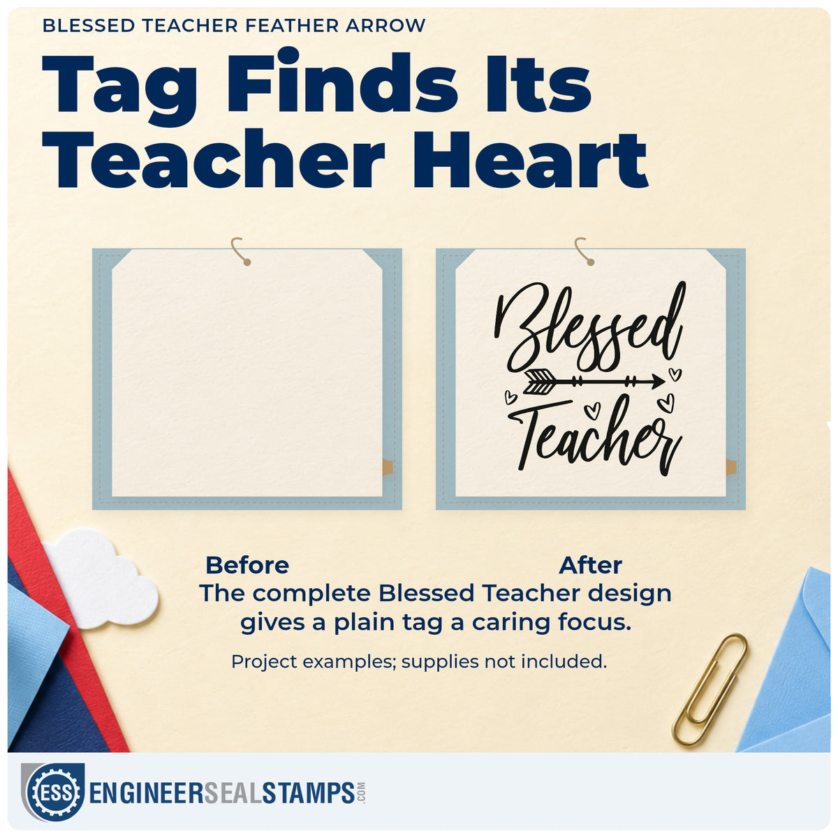 Before and after of a plain item finished with the Blessed Teacher Feather Arrow Rubber Stamp – Wood Handle, a quick upgrade for wax drop seals.