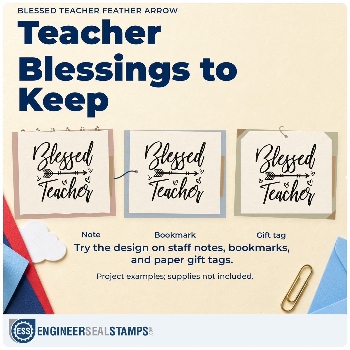 Three project examples made with the Blessed Teacher Feather Arrow Slim Pre-Inked Stamp, including candle vessel labels.