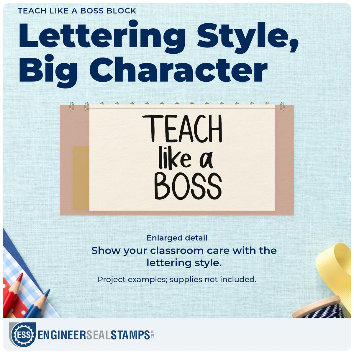Enlarged detail of the Teach Like A Boss Three-Line Typography Wood-Mounted Rubber Stamp imprint. Three lines of simple mixed-size lettering read "Teach like a boss."