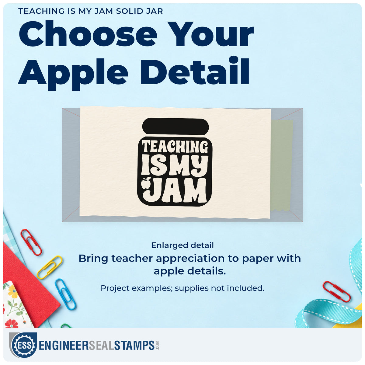 Enlarged detail of the Teaching Is My Jam Solid Jar Pre-Inked Stamp – Slim imprint. Negative-space "Teaching is my jam" lettering and a small apple fill a solid jar silhouette.