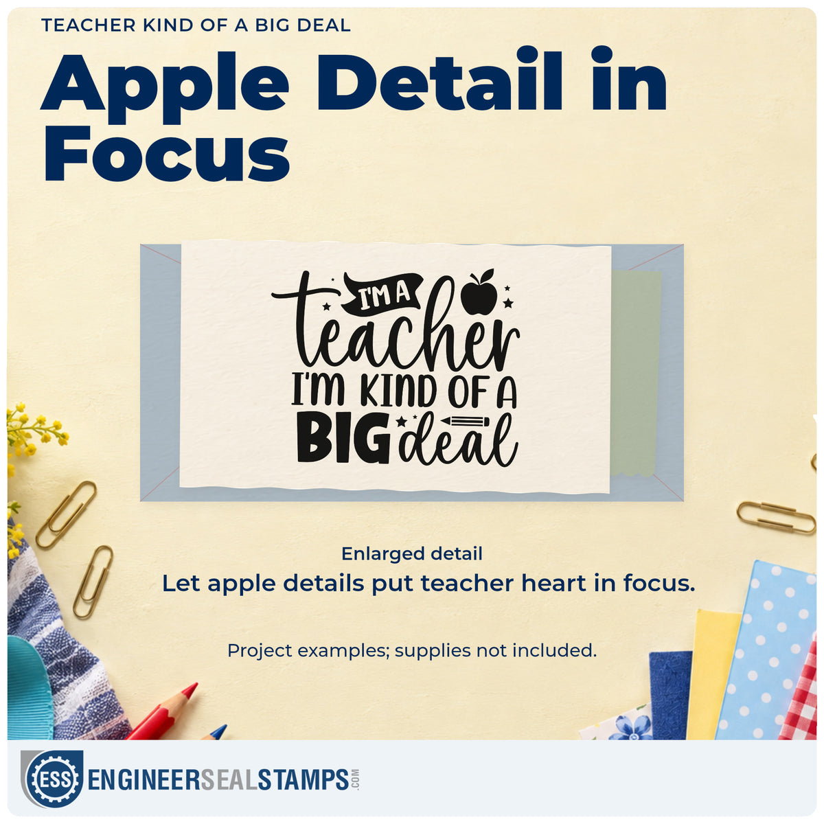 Enlarged detail of the Duo Hand Teacher Kind Of A Big Deal Rubber Stamp imprint. An apple, stars, and decorative rules accent "I'm a teacher, I'm kind of a big deal."