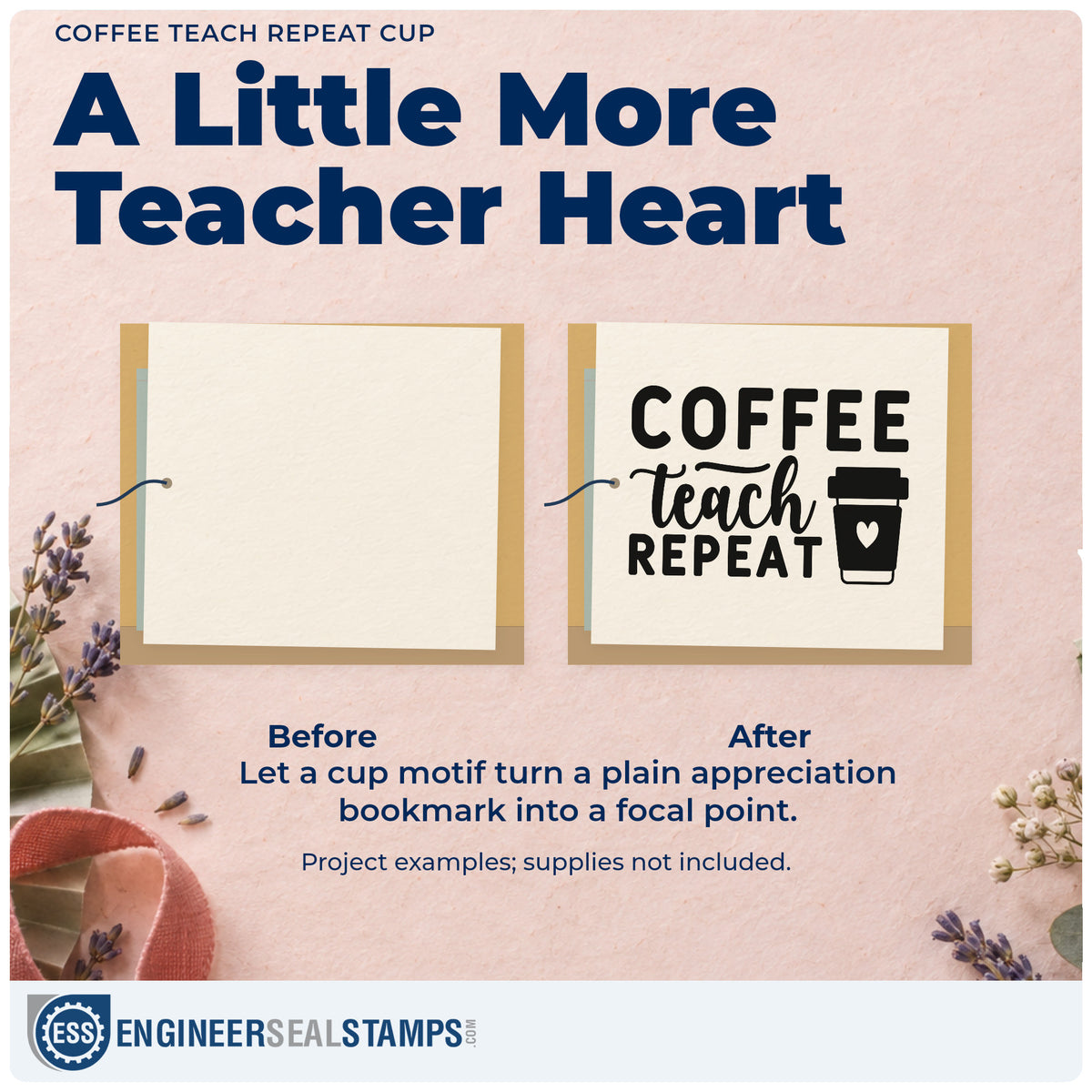 Before and after of a plain item finished with the Coffee Teach Repeat Cup With Hearts Rubber Stamp – Duo Hand, a quick upgrade for bread bag seals.