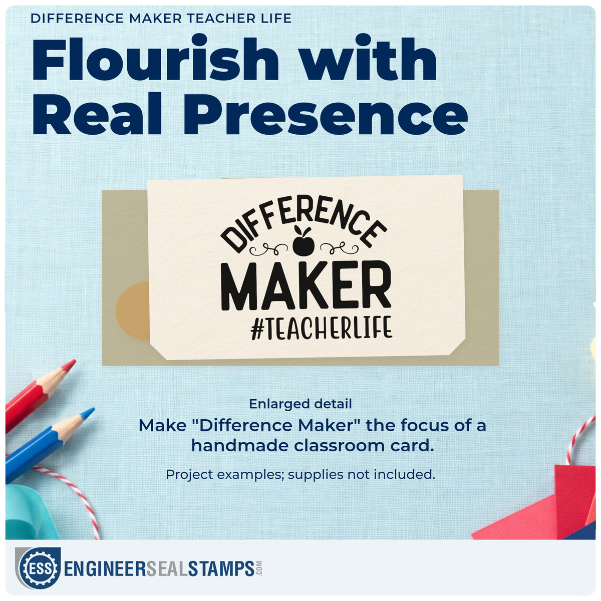 Enlarged detail of the Difference Maker Teacher Life Apple Wood Handle Stamp imprint. Bold “Difference Maker” lettering surrounds an apple with flourishes above “#TeacherLife.”