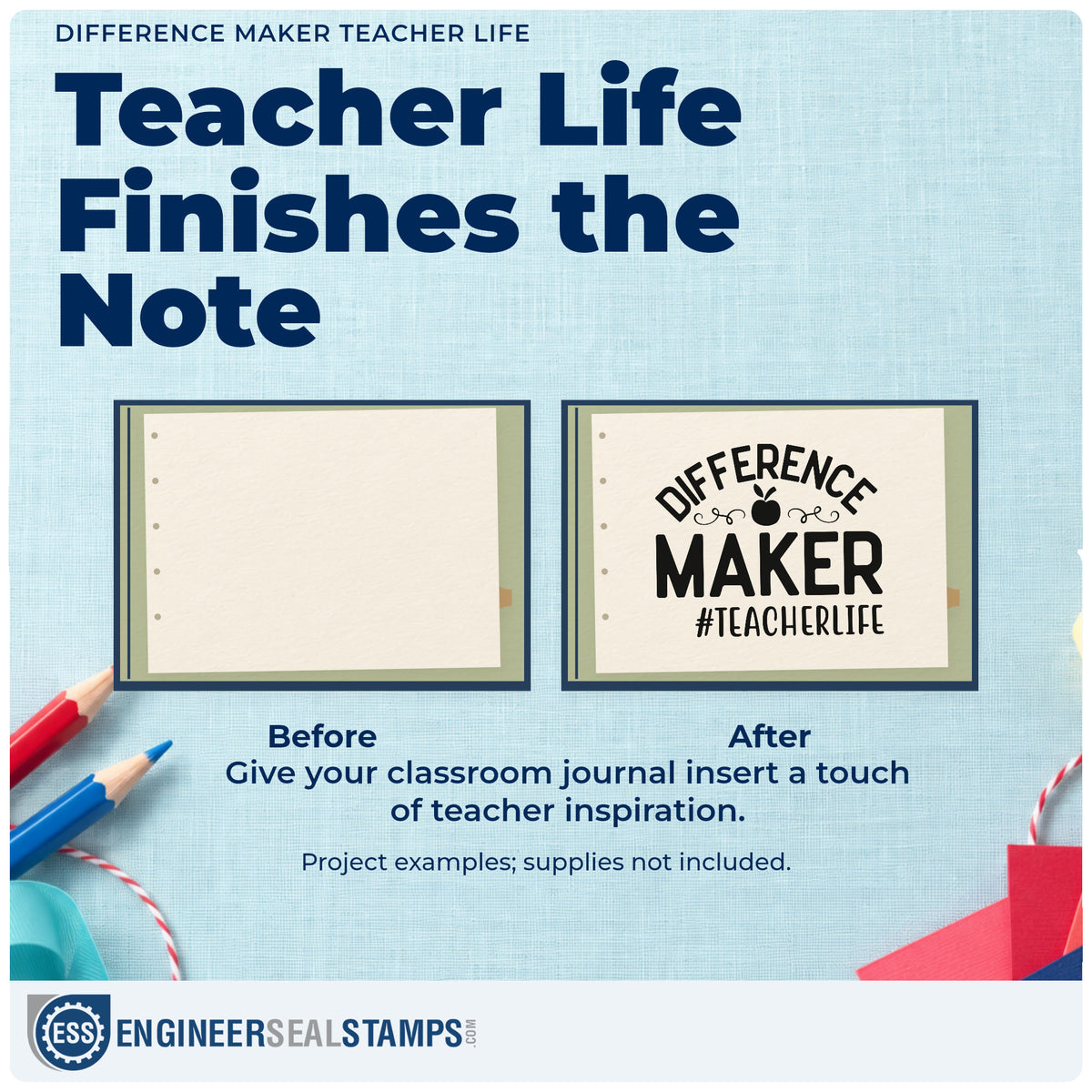 Before and after of a plain item finished with the Difference Maker Teacher Life Apple Rubber Stamp – Duo Hand, a quick upgrade for nomination seals.