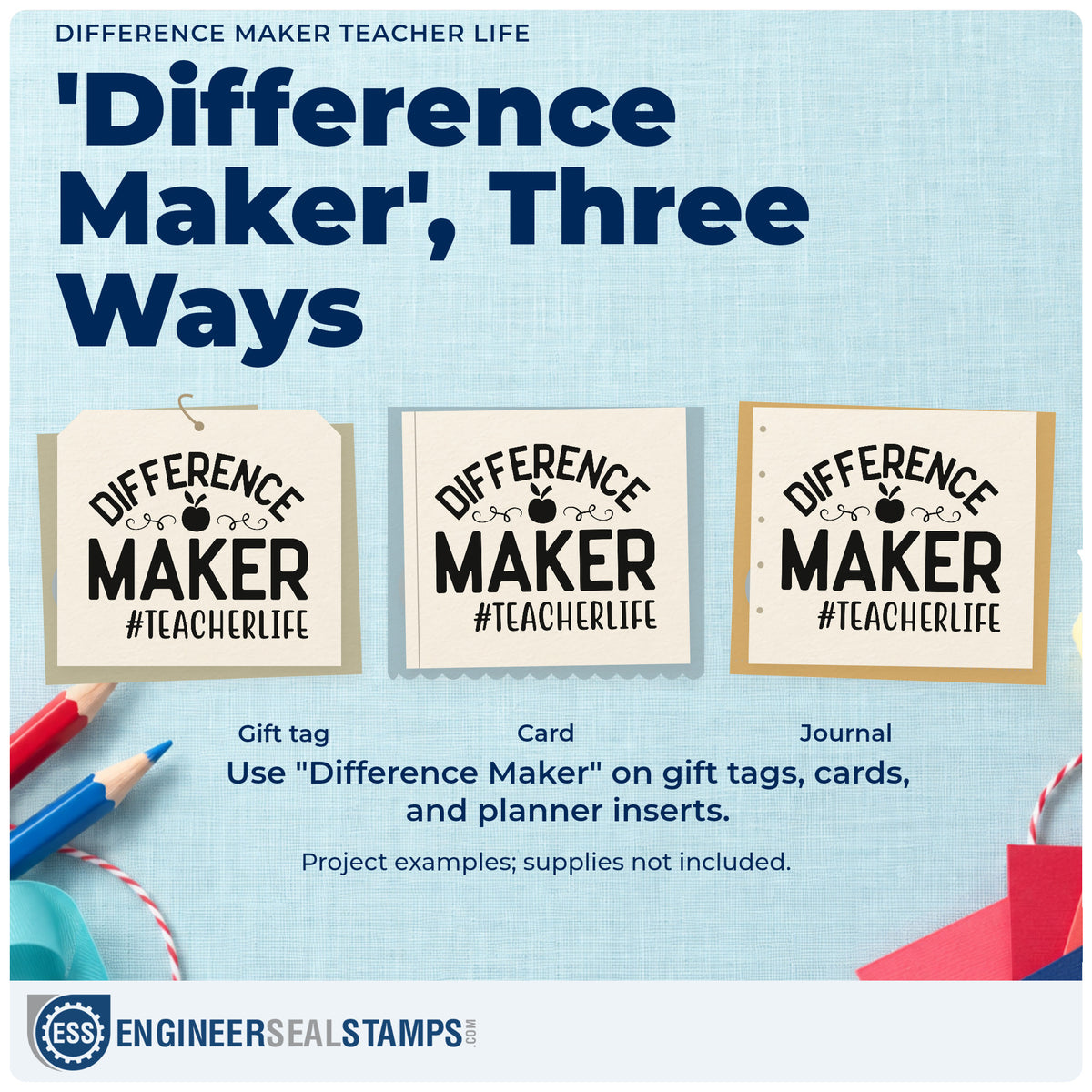 Three project examples made with the Difference Maker Teacher Life Apple Rubber Stamp – Duo Hand, including pin backing labels.
