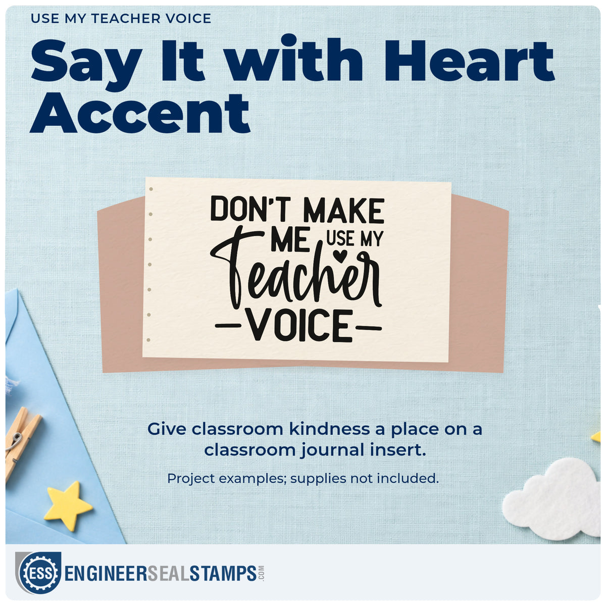 A finished handmade project stamped with the Teacher Voice Warning With Heart Slim Pre-Inked Stamp, ideal for classroom rule tags.