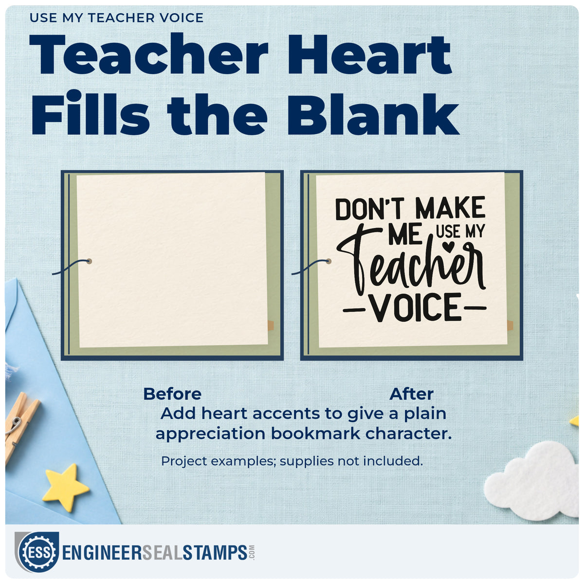 Before and after of a plain item finished with the Teacher Voice Warning With Heart Stamp – Duo Hand, a quick upgrade for detention slip seals.