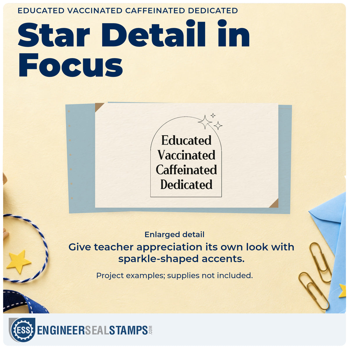 Enlarged detail of the Educated Vaccinated Caffeinated Dedicated Rubber Stamp – Duo Hand imprint. Four stacked words sit inside an arched outline accented by sparkles.