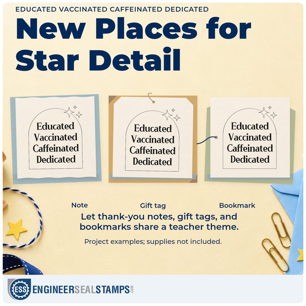 Three project examples made with the Educated Vaccinated Caffeinated Dedicated Rubber Stamp – Duo Hand, including motto plaque labels.